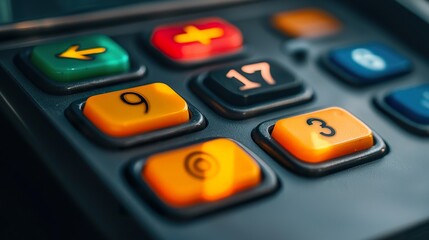 ATM keypad detail, individual buttons, subtle wear, transaction, 