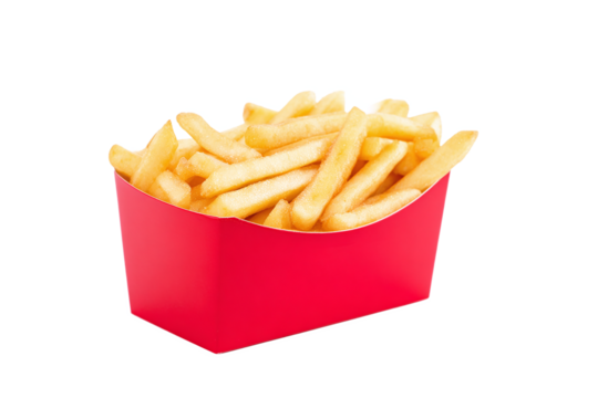 Golden Crispy French Fries in Red Box, isolated on white transparent background.