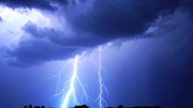 Dramatic lightning strikes against dark clouds