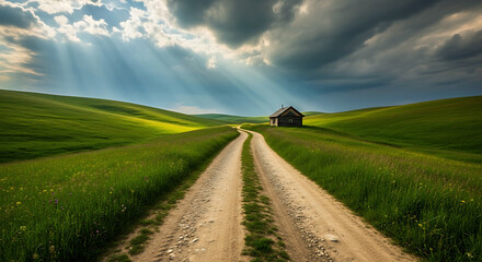 Obraz premium Dirt road leads to a solitary house under dramatic sunbeams