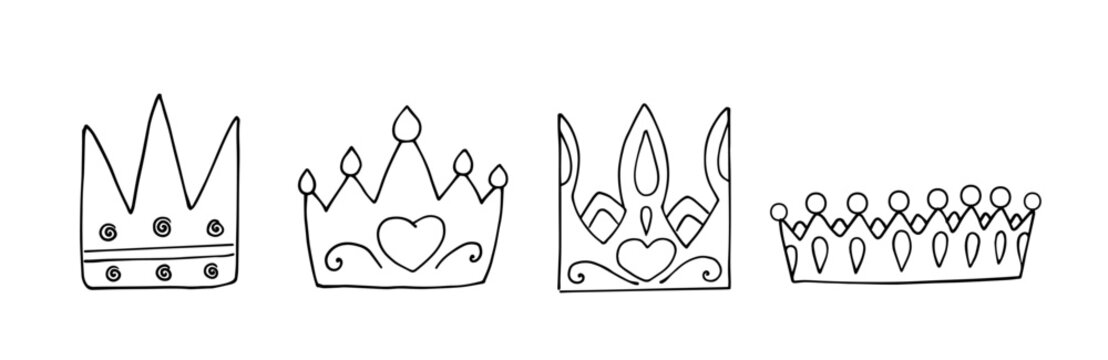 A set of decorative doodle crowns. Vector graphics.