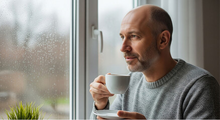 Contemplative Moment, Man, Cozy Home, Photo, Indoor, Side View, Reflection