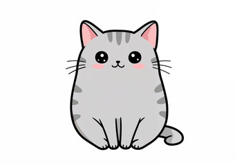 Fototapeta premium Adorable Gray Tabby Kitten, Kawaii Style, Happy Expression, Cartoon Illustration, White Background