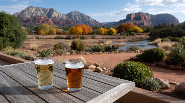 Two pints of beer rest on a table with colorful trees and impressive rock formations, creating a warm and inviting atmosphere