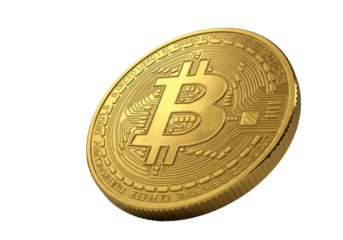 A weighty golden Bitcoin cryptocurrency coin with liquid metallic sheen, glowing 'B' logo, pulsing circuit patterns, and engraved text, on a transparent background, extreme macro, dramatic studio