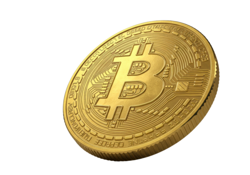 A weighty golden Bitcoin cryptocurrency coin with liquid metallic sheen, glowing 'B' logo, pulsing circuit patterns, and engraved text, on a transparent background, extreme macro, dramatic studio - Powered by Adobe