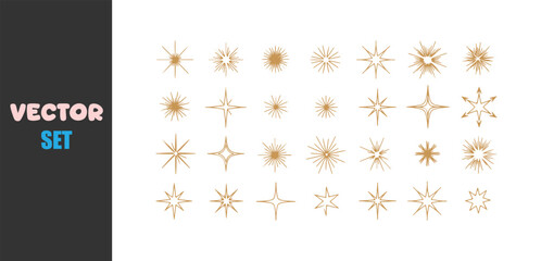 Collection of abstract golden starburst and sparkle graphic elements
