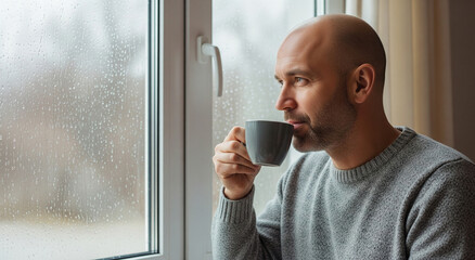 Contemplative Man Sipping Coffee by Rainy Window, Indoor Lifestyle, Emotional Reflection