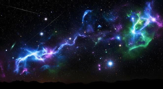 Colorful nebula and stars in the night sky over a dark landscape silhouette view scene - Powered by Adobe