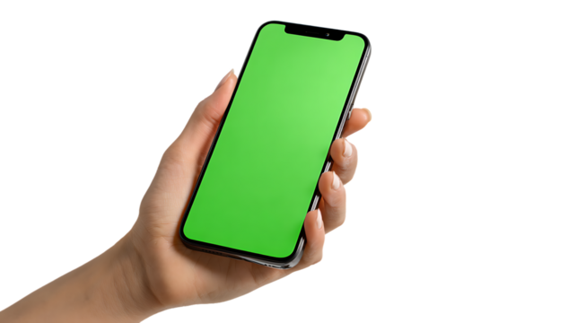 Hand holding a smartphone with a green screen isolated on transparent background - Powered by Adobe