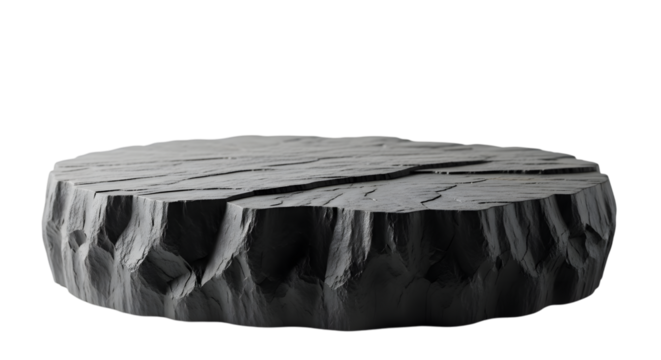 A rough, textured, dark gray stone podium or platform, isolated on a transparent background, with a rugged, uneven surface and carved, geometric sides, suitable for product display or conceptual image - Powered by Adobe