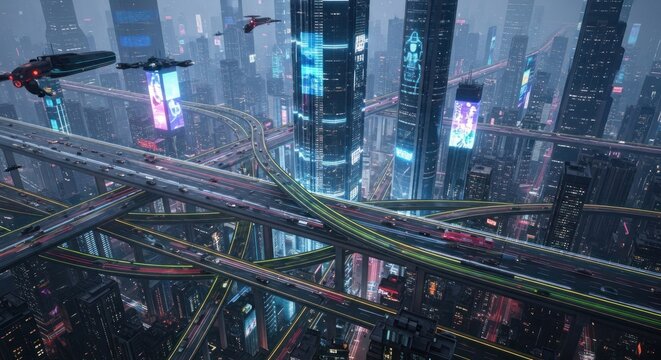 Aerial View of a Dynamic Futuristic Metropolis at Night, Showcasing Neon-Lit Skyscrapers, Multi-Level Elevated Highways with Light Trails, and Flying Vehicles in a Cyberpunk Urban Landscape