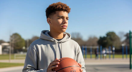 Action Shot of Young Basketball Player at Park, Sports Photography, Outdoor Environment, Portrait Viewpoint