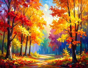 Oil painting colorful autumn season. Semi abstract image of forest, trees with yellow 