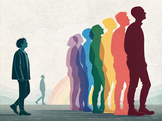 Conceptual illustration showing the evolution of a man through colorful silhouettes, symbolizing personal growth, self-acceptance, identity exploration, or the emotional journey of coming out.
Minimal