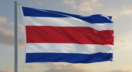 Naklejka premium A flag of Costa Rica waves on a flagpole against a sky with clouds
