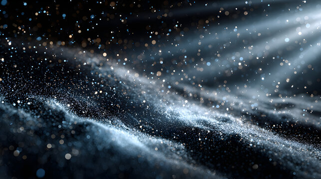 Black matte textured background with floating dust particles illuminated by soft light in the top right corner, creating a deep contrast between black and white. This abstract design emphasizes textur