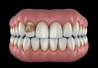 Obraz premium Close up of a set of teeth with one tooth having decay against a black colored background scene shot