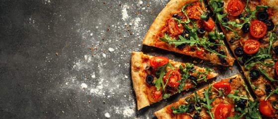 The delicious artisan pizza topped with fresh tomatoes and greens.