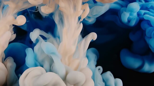 Abstract swirls of light blue and beige ink in black liquid