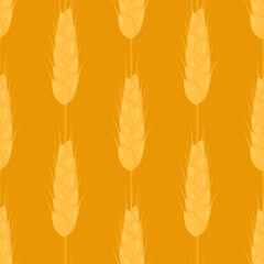 Golden ears of wheat in stripes in a seamless pattern on an orange background
