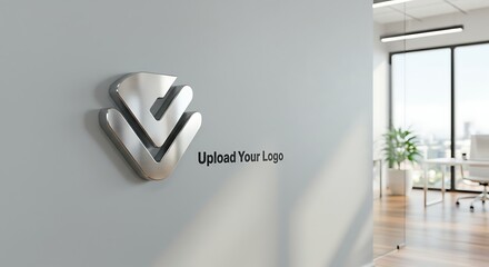 A metallic 3D logo mockup is displayed on a light gray wall in a modern office setting, with text indicating 'Upload Your Logo'.