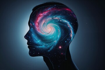 Colorful galaxy swirling inside a human silhouette with space themes