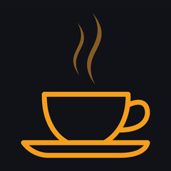 Minimal steaming coffee cup line icon in orange on dark background