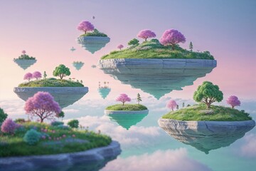 Floating islands with colorful trees in a serene sky background