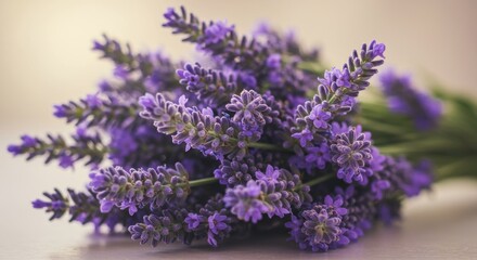 Closeup of a bunch of purple lavender sprigs on a pale surface