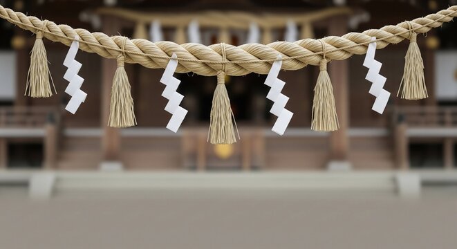 Traditional Shinto sacred rope, a shimenawa with hanging shide paper streamers at a Japanese shrine