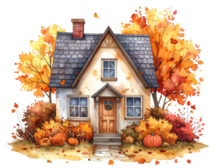 Quirky autumn house clipart isolated watercolor element with detailed artistic illust