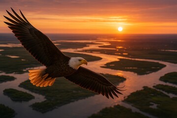 A bald eagle flying at sunset over a winding river, a wildlife scene against a natural landscape.