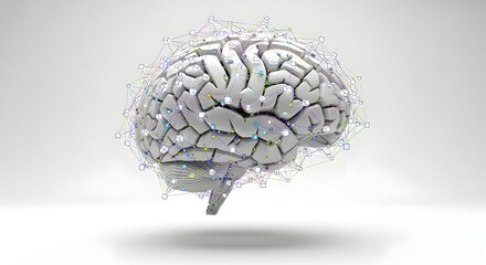 A digitally rendered brain with a network of connected cubes floating around it on a white background