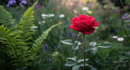 A single red rose blooms in a garden with ferns and other flowers