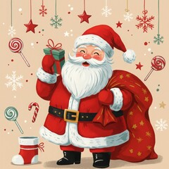 A cheerful Santa Claus with a gift, a festive illustration for seasonal design.