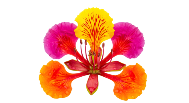 A vibrant delonix regia flower, commonly known as the flamboyant or royal poinciana, isolated on a transparent background, showcasing its intricate petals and stamen in a striking display of red, oran
