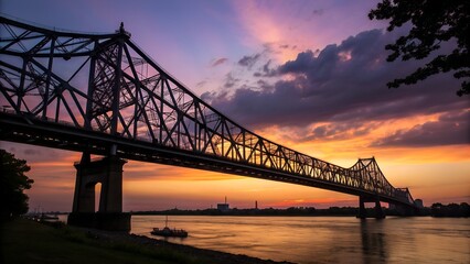 Naklejka premium A large steel bridge spans a river at sunset. The sky is filled with vibrant colors, reflecting on the water's surface. Trees line the riverbank.