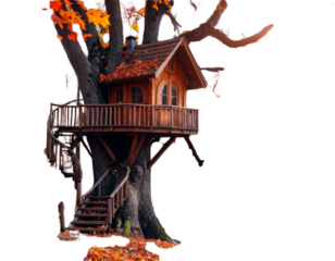 A whimsical treehouse nestled in vibrant autumn foliage, featuring winding stairs and