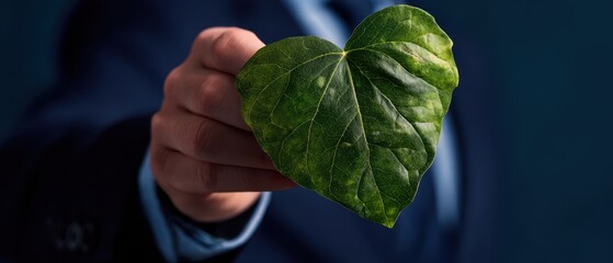 The hand holding a heart-shaped leaf symbolizing love for nature and sustainability.