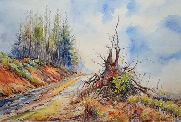 Majestic Forest Path Vibrant Trees Dried Roots Watercolor Landscape Painting