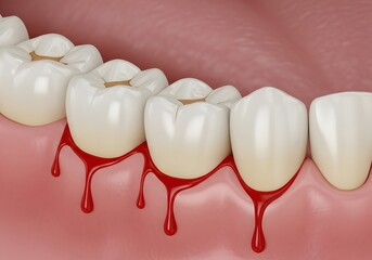 Fototapeta premium Close up of teeth with bleeding gums indicating possible gingivitis or periodontal disease issues