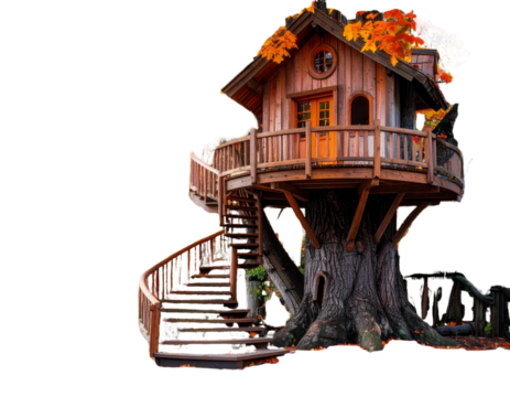 A whimsical treehouse nestled in vibrant autumn foliage, featuring winding stairs and