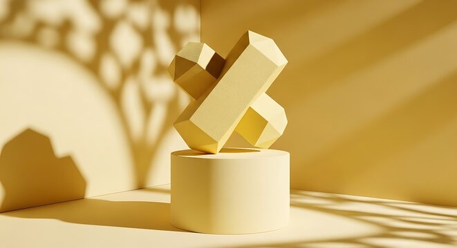 3D Rendered Gold X Mark Symbol on Pedestal, Minimalist Abstract Background - Powered by Adobe