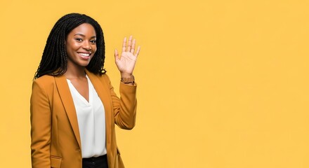 A confident Black woman in a smart blazer waves with a bright smile. Ideal for business, diversity, and professional themes against an eye-catching yellow backdrop.
