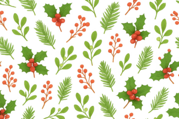 Christmas holly, mistletoe, red berries, and pine needles creating a festive winter holiday seamless pattern