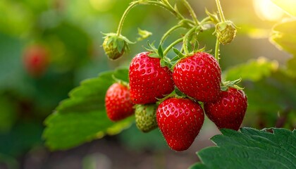 Fresh strawberries on the vine in sunlight