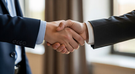 Professional Handshake in Office Setting, Corporate Environment, Close-Up Perspective