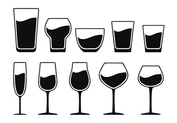Eight glasses with straws and citrus slices icon set blackt 

