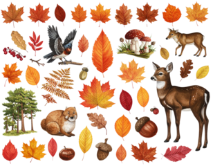 Collection set of vintage fall nature illustrations, forest leaves and animals in 